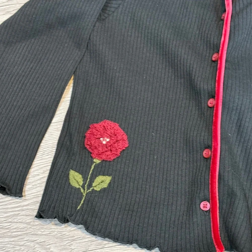 Gymboree Black Ribbed Button‎ Up Cardigan Red Rose Victorian charm Kids XL 6